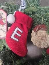 VINTAGE TARGET MINI RED KNIT EMBROIDERED E CHRISTMAS STOCKING  WHITE POM POM