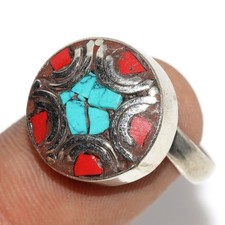 10gms Tibetan Turquoise Red Coral Nepali Tribal Gemstone Ring US FreeSize JW