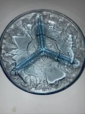Vintage Blue Pressed Glass Relish Dish Tray Three Section Icy Blue