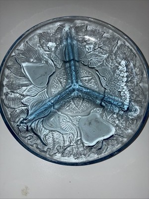 Vintage Blue Pressed Glass Relish Dish Tray Three Section Icy Blue