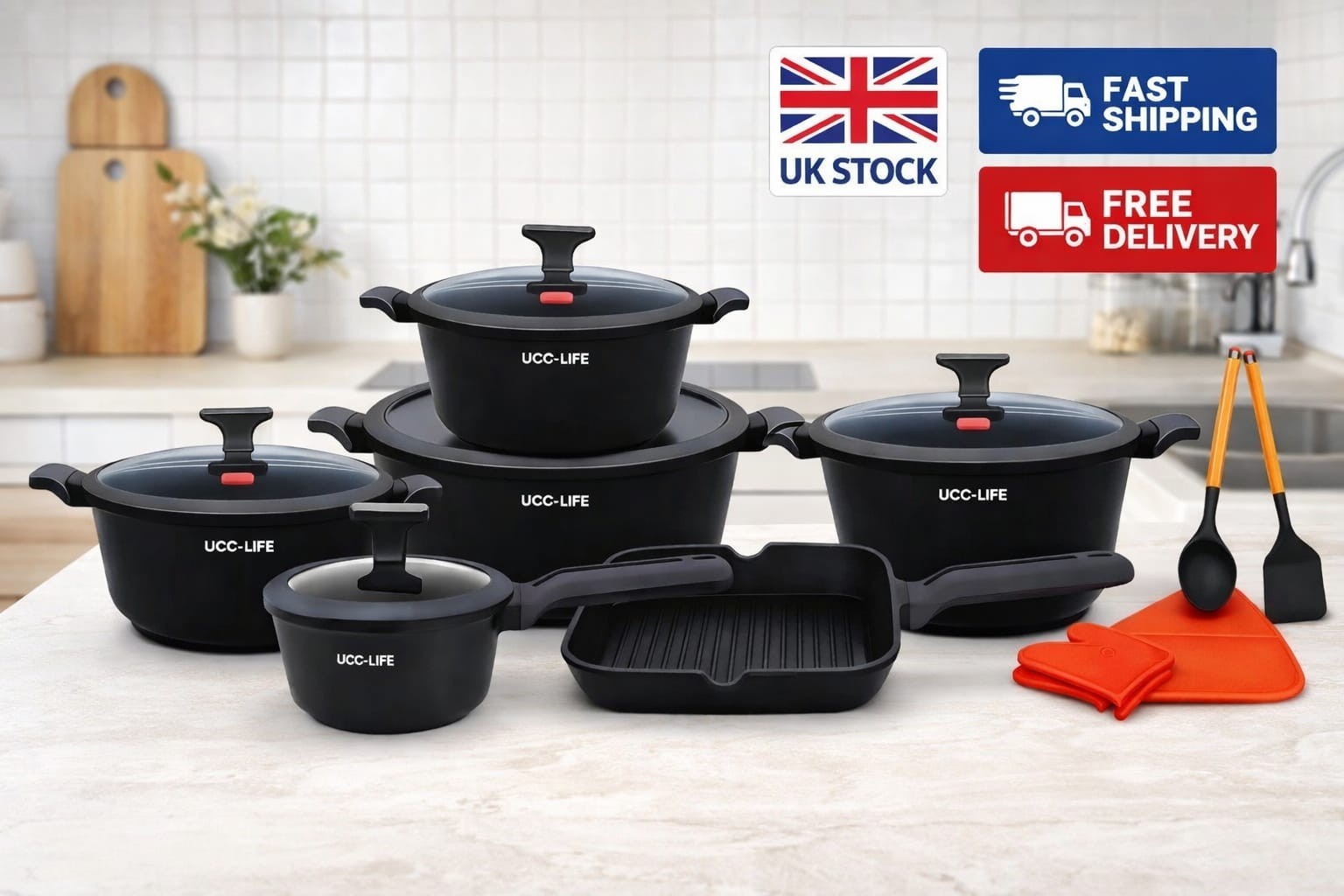 UCC LIFE 16pc Granite Non Stick Cookware Set