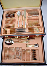 Heavy Stainless Steel 18/10 Flatware Set Gold Bead Trim Set W/Case 75 Pieces
