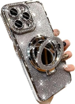 iPhone 16 Pro Max Case with Kickstand, Shockproof Glitter Makeup Mirror Ring Hol