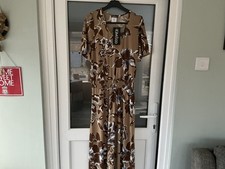 Kim & Co  Smocked Waist Midi Dress Size Medium Camel Multi Print 