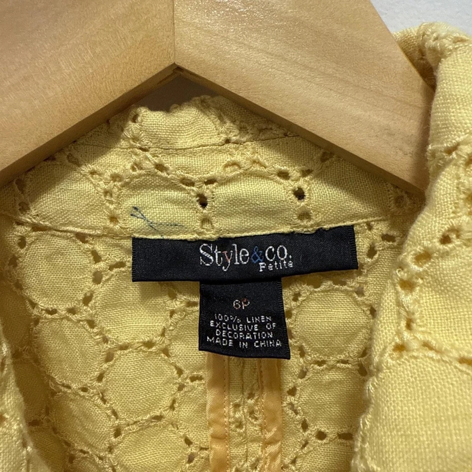 Blusa Blazer Top Amarillo Mantequilla Mujer 100% Lino Encaje Amarillo Talla 6 Foto 3 de 4