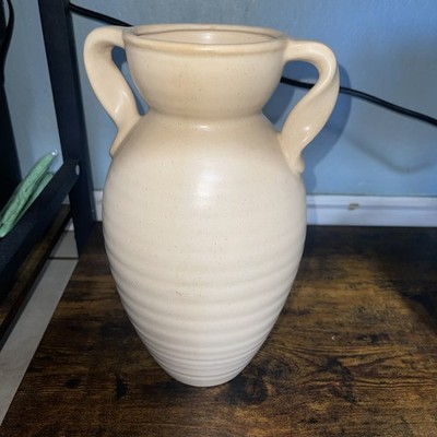 Studio Pottery Vase Vintage Rustic Brown Cream Ribbed Organic Ceramic 12 