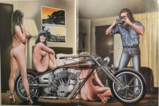 DAVID MANN EASYRIDERS CENTERFOLD PRINT ART/AD - 1982 - 3 NAKED CHICKS IN A ROOM