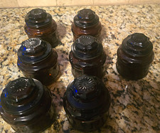 Lot of 7 Vintage Amber Glass Apothecary Jars with Starburst Lids, Glass Material
