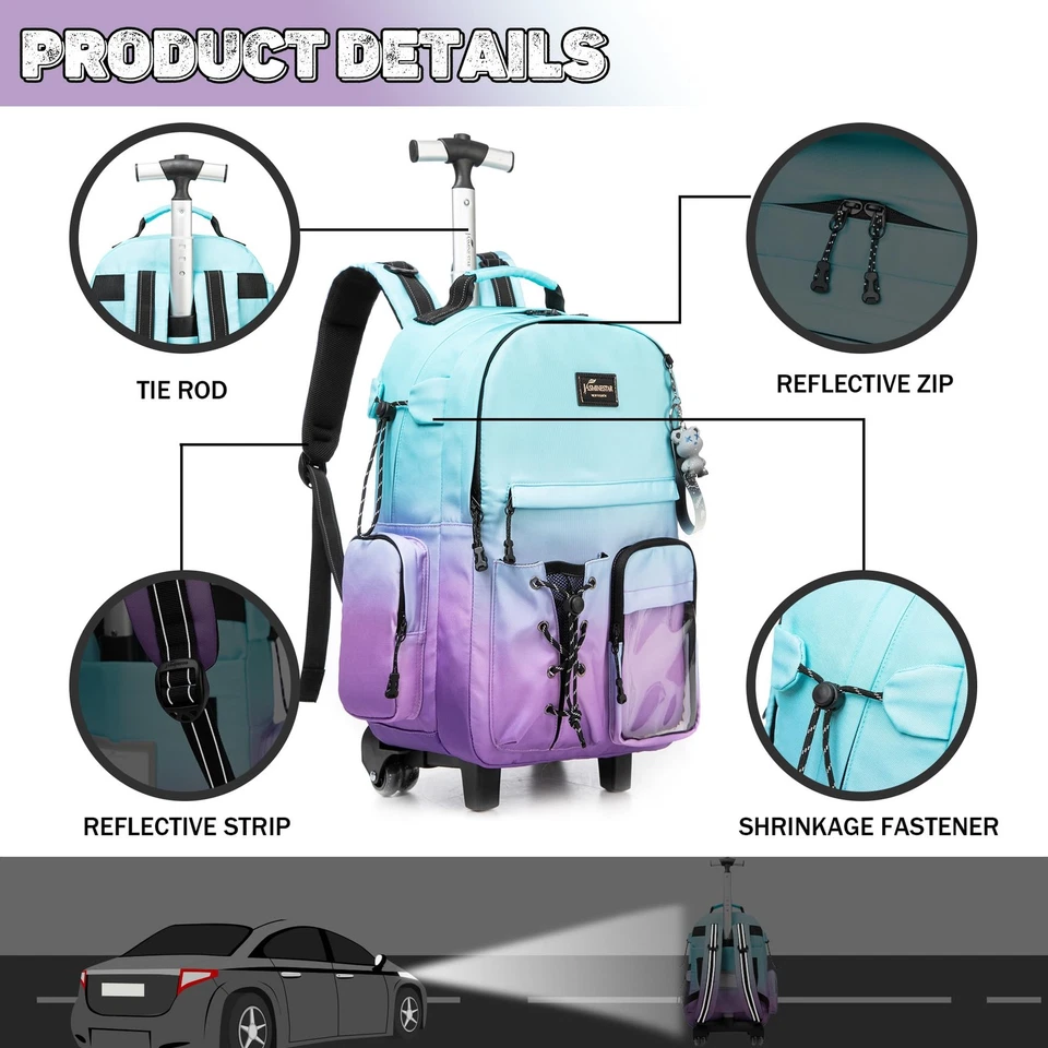 Rolling Backpack for Girls Backpack with Wheels for Teens Boys Kids Rolling B... - Image 3 of 4