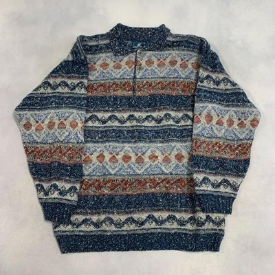 Vintage Abstrakt Strickpullover 1/4 Knopfleiste Gemustert Opa Grobstrick