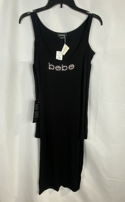 Bebe Women's Black Midi Cold Shoulder Dress Swarovski Ribbed NWT Sz S