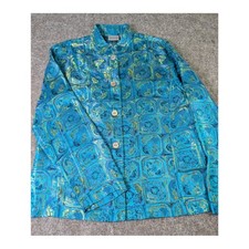 Chicos Silk Blend Jacquard Jacket Blue Green Metallic Butterfly Floral Size 1 M