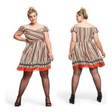 Women's Anna Sui x Target Silk Striped Pleated Cream Brown Orange Dress Medium