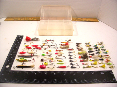 Lot of (70+) Assorted Sizes and Colors Ice Fishing Jigging Lures in Plastic Box