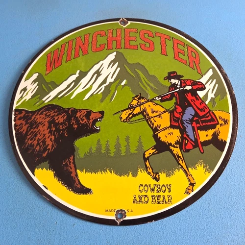 Vintage Winchester Firearms Porcelain Sign - Gun Advertisement Cowboy Bear Sign