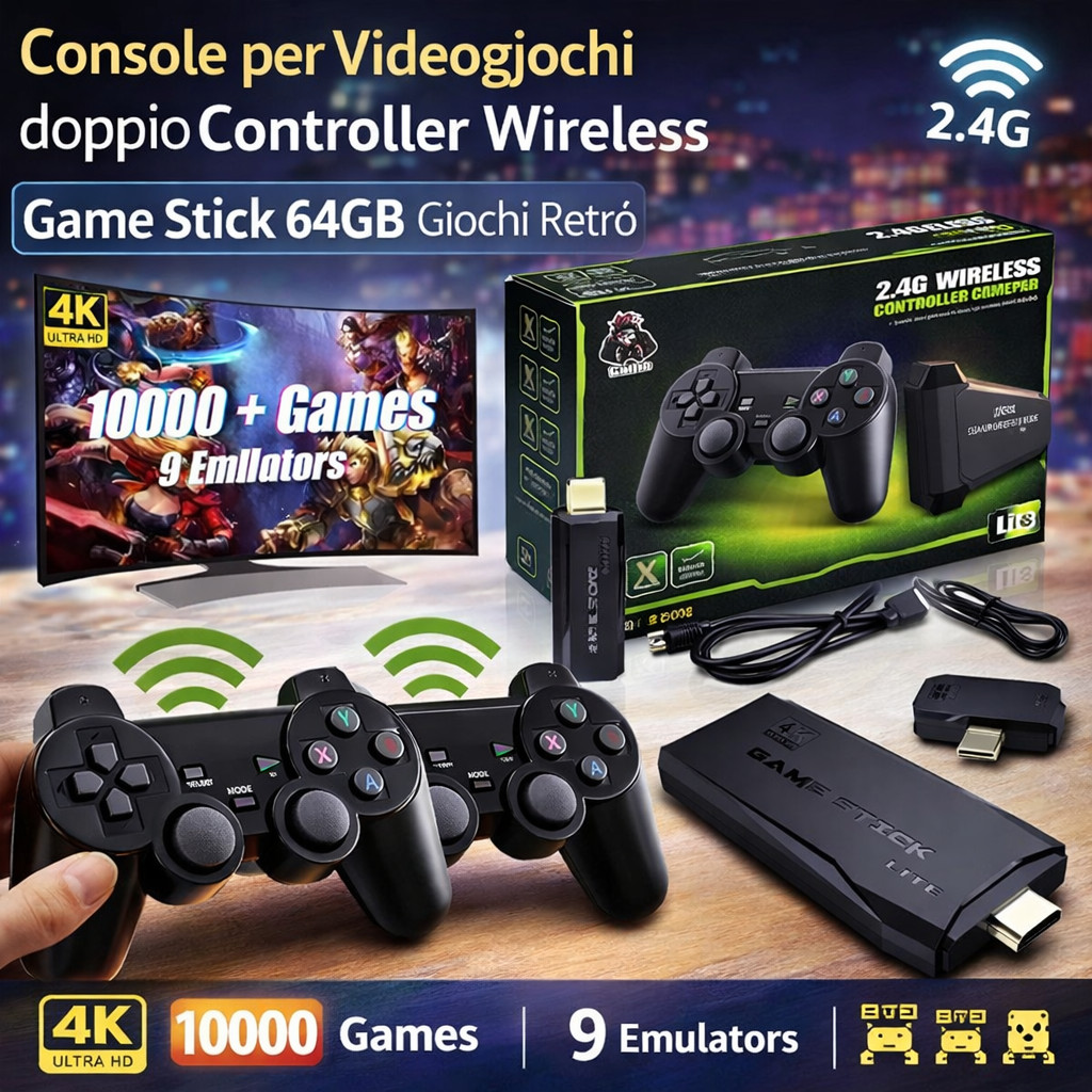 Console Giochi Retro 64GB per Tutta la Famiglia - 2 Controller Inclusi