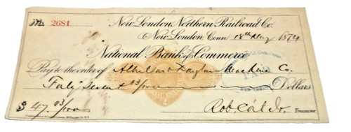 MAY 1874 NEW LONDON NORTHERN COMPANY CHECK #2681