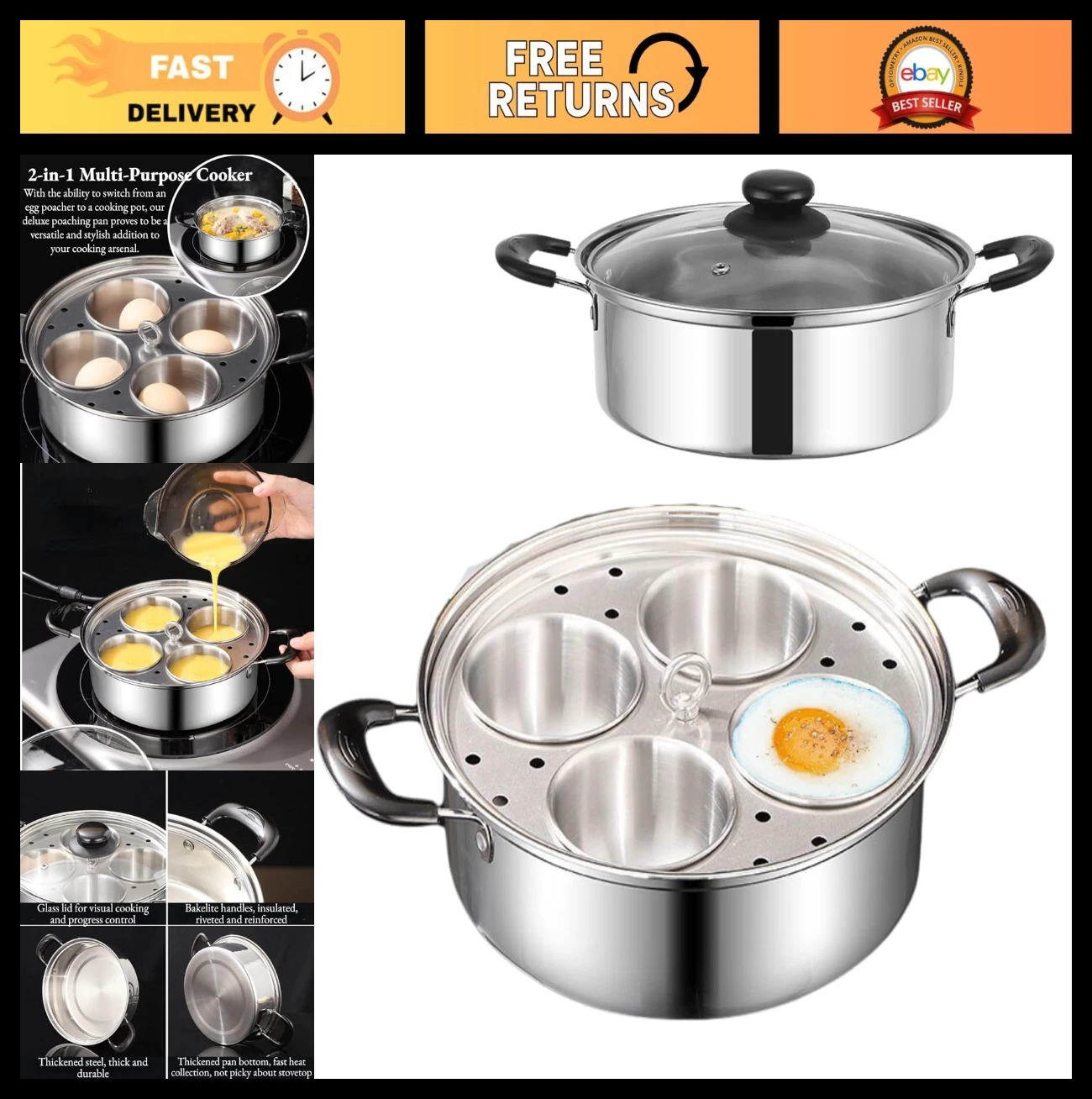 Stainless Steel Egg Poacher Pan with 4 Cups - Non-Coated Poached Egg Maker for K