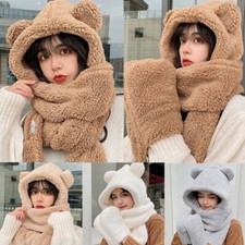 One-Piece Bear Ear Hat Scarf Gloves Set Ear Protection Thickened Plush Hat Scarf