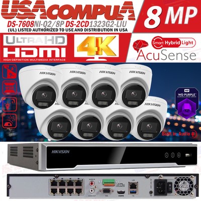 Hikvision 8CH POE Camera System 4K NVR DS-2CD1323G2-LIU IP 2MP Hybrid Light Lot