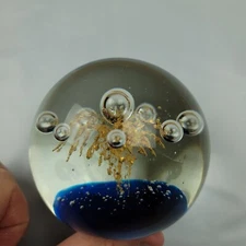 Tripact Inc M Design Art Handcraft Glass Cobalt Blue Gold Fleck Paperweight