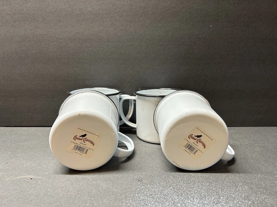 Nuevo con etiquetas Juego de 4 tazas de café de té Crow Canyon esmalte blanco con borde negro Foto 2 de 4