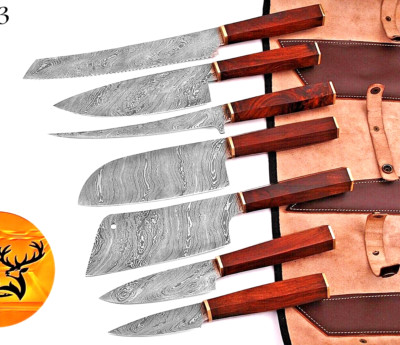 CUSTOM HANDMADE FORGED DAMASCUS STEEL BLADE CHEF KNIFE KITCHEN SET M-133