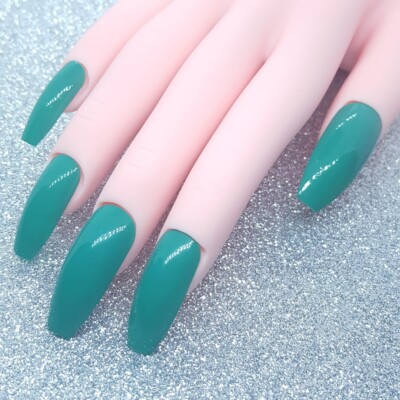 Green Solid Long Coffin Nail Set Press On Nails Handmade Hard Gel