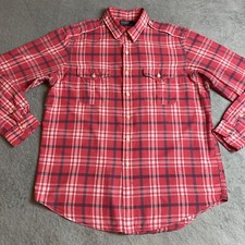 Vintage Polo Ralph Lauren Mens XL Shirt Epaulets Red ish Plaid Long Sleeve