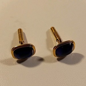 Vintage Krementz Men Cufflinks 14k Gold Overlay Blue Ruby Red Moonglow Art Glass