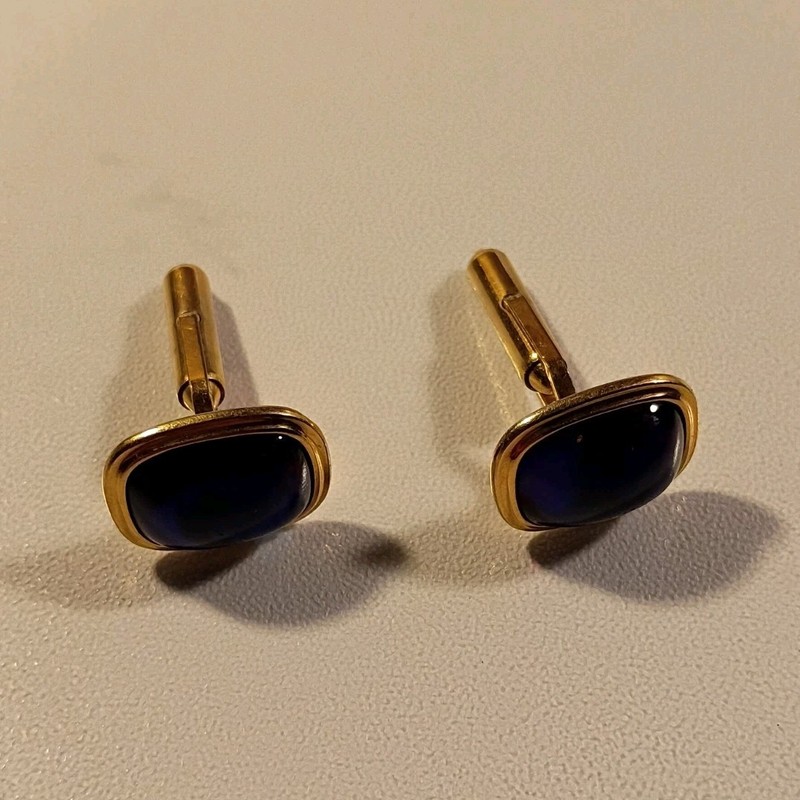 Vintage Krementz Men Cufflinks 14k Gold Overlay Blue Ruby Red Moonglow Art Glass