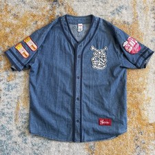 Supreme Patches Denim Baseball Jersey Denim Size Medium SS21 Blue