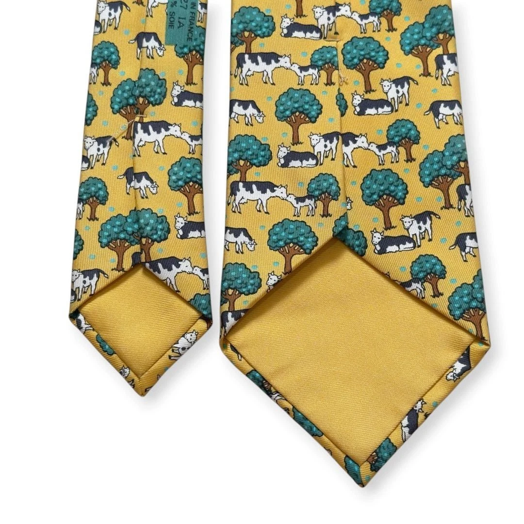 HERMES Excellent Condition Cow Print Silk Tie Yellow Animal