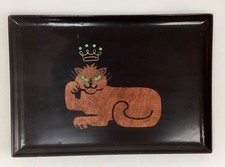 Vintage Mid Century Couroc Lion Cat King Crown Jewels Bar Serving Tray -COUROC