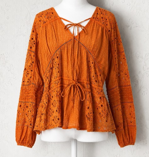 Artsy Embroidered Crochet Lacy Top OS Fairy Whimsigoth Boho Festival Orange