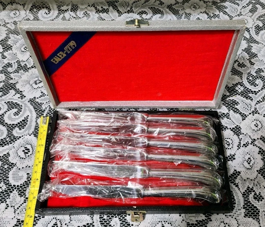 SET OF 6 EALES 1779 NOS PISTOL HANDLED STAINLESS SERRATED STEAK KNIVES 🥩🍠
