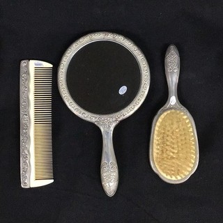 Silver Plated Vanity Set Hand Mirror Hairbrush Comb Ornate Floral NP#655