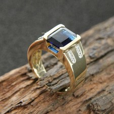 3Ct Emerald Cut Blue Sapphire Men's Engagement Wedding Ring 14K Yellow Gold Over