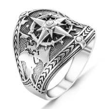 Compass and World Map Silver Ring, Mens Handmade Sailor Ring 12