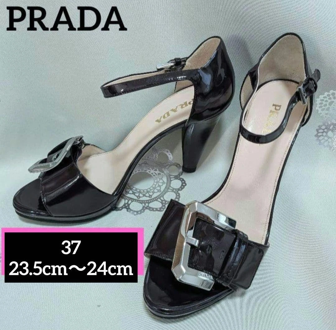 靴 Prada Patent Buckle Sandals Black 37 PRADA Buckle Patent Leather Flats for Women for sale | eBay