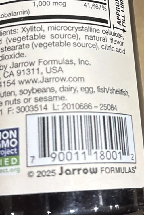 60x Jarrow Formulas Methyl B-12 Vitamin Lemon 1000mcg 100 Chewable Tablets 7/27 - Image 2 of 2