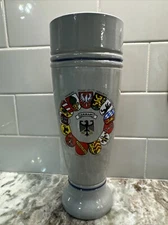 Thewalt Ceramic German Pilsner Glass, Grey w/ MC Flag Design, 9.25” Tall, PO-LN