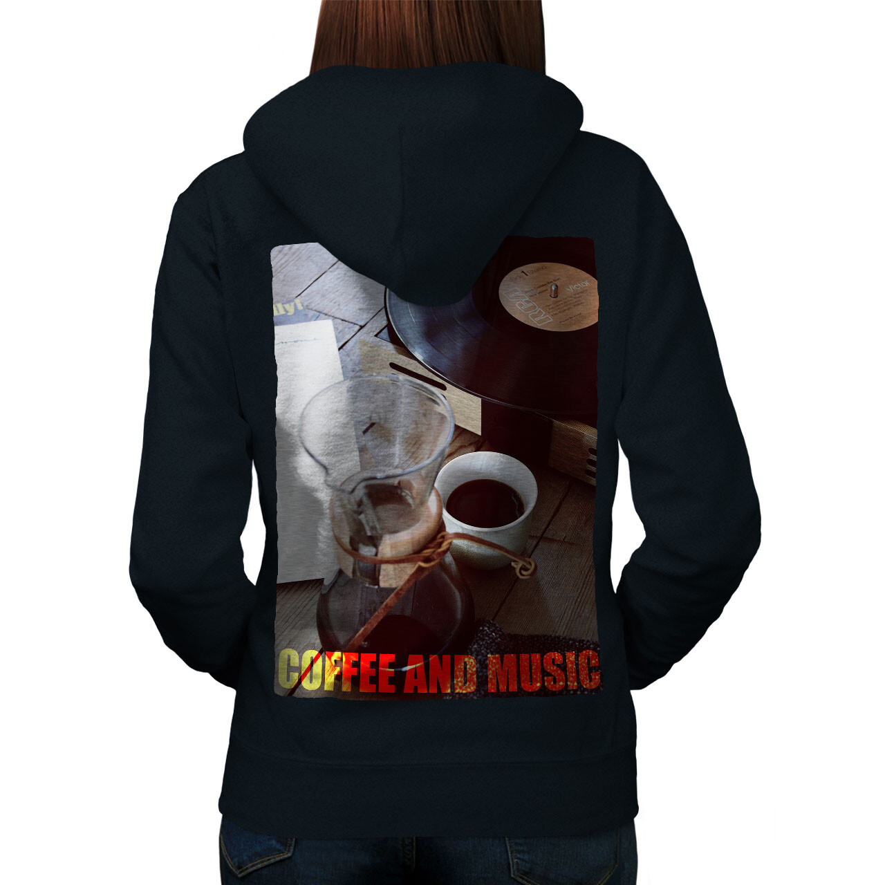 Wellcoda Coffee Music Retro Gramophone Womens Hoodie Back