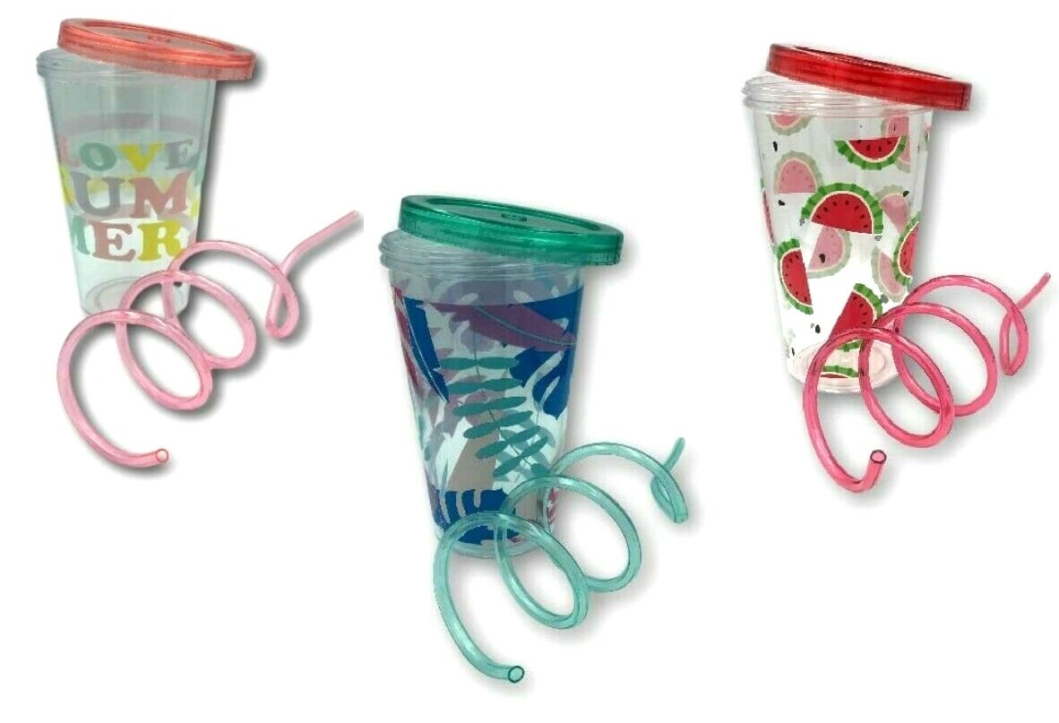 Printed CUP & SWIRLY Reusable STRAW Smoothie Drinking Tumbler Cup Lid