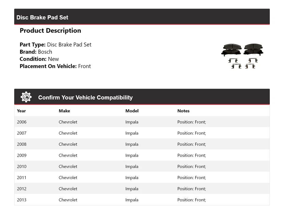 Juego de pastillas de freno de disco delanteras para Chevrolet Impala Bosch 2006-2013 2007 2008 2009 Foto 2 de 4