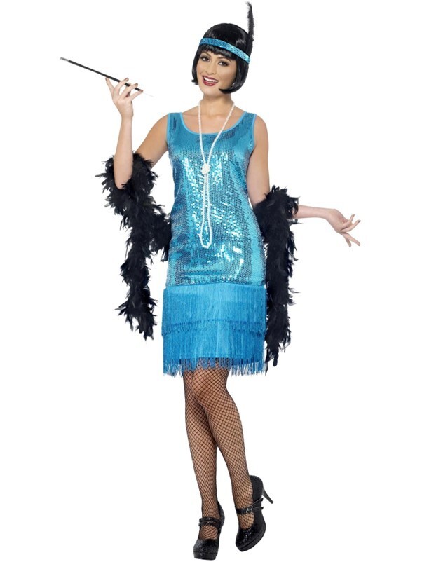 Ladies 1920s Flirty Flapper Lady Fancy Dress Costume Teal 20s Outfit Charleston