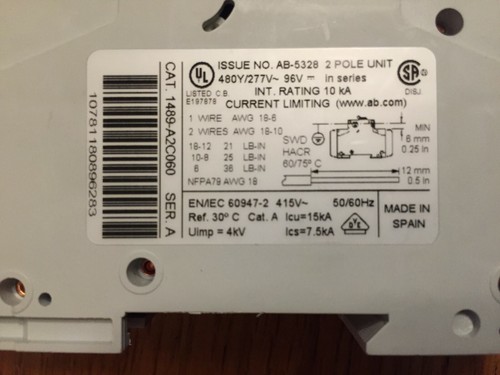 Allen-Bradley 1489-A2C060 SER A Circuit Breaker / 480/277VAC, 2 Pole , 6Amp - Picture 3 of 4
