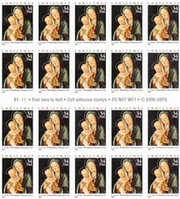 U.S. COMM BKLT PANE OF 20 SCOTT#3536a 2001 34ct CHRISTMAS MADONNA MINT P#B1111
