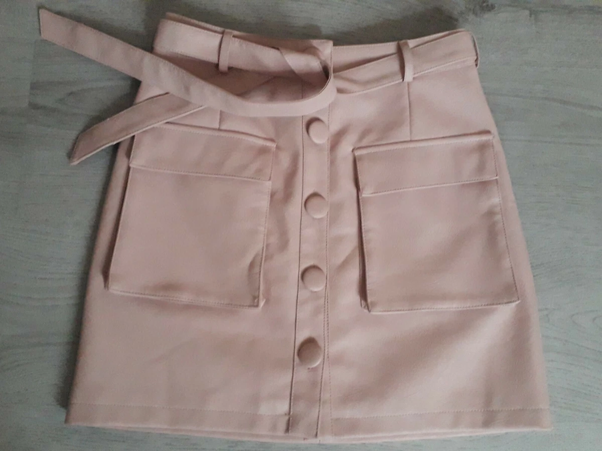 ASOS LADIES POWDER PINK BUTTON UP FAUX LEATHER SKIRT Size 8 Length