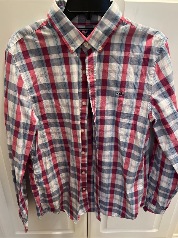 Vineyard Vines Men's Slim Fit Patriots Point Plaid Whale Shirt Medium 